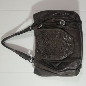 Elliott Lucca Womans Woven Leather Dark Brown Handbag Messina